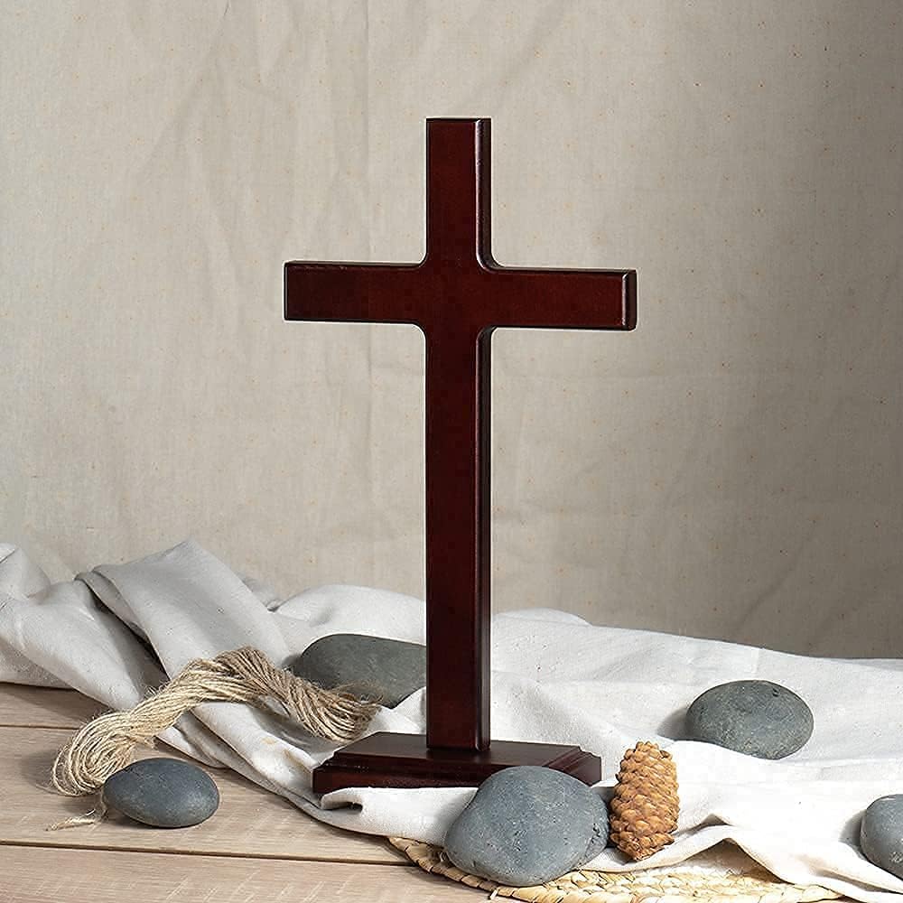 KUXBET Wooden Wall Cross with Stand 12.5 Inch for Hanging or Standing Home Decor H309191