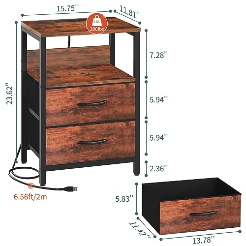 Yoobure Nightstand with Charging Station, LED Light, Fabric Drawers U936