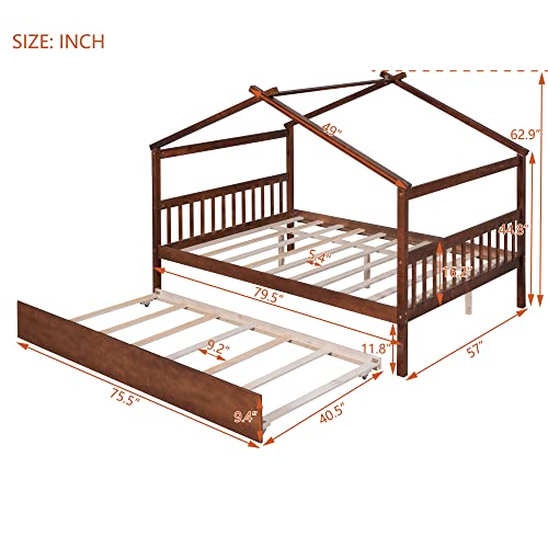 Full Size House Bed for Kids with 2 Drawers, Solid Wood, Gray Q110