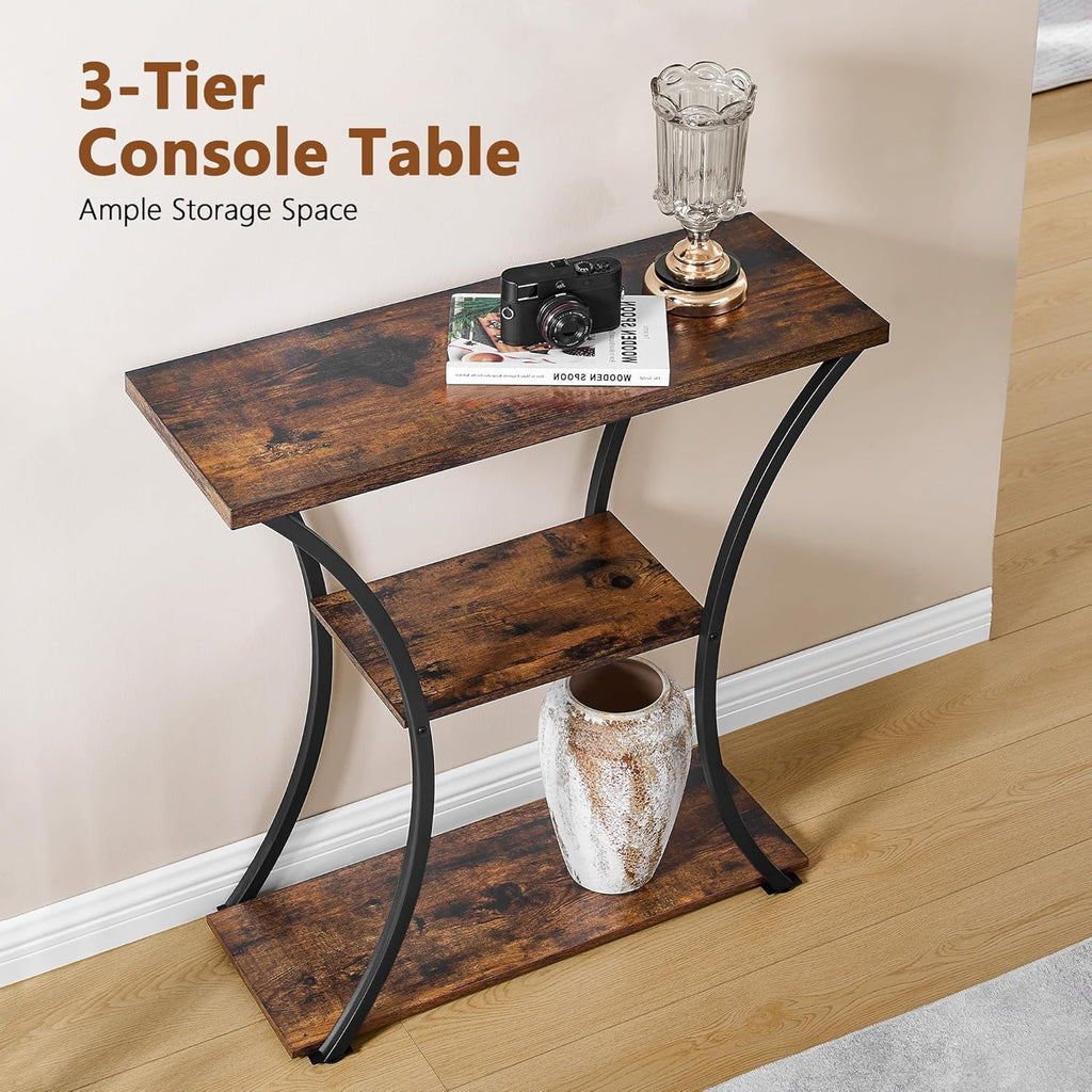 Hoctieon 3 Tier Console Table with Open Wood Shelves, Curved Metal Frames, Rustic Brown+Black E862