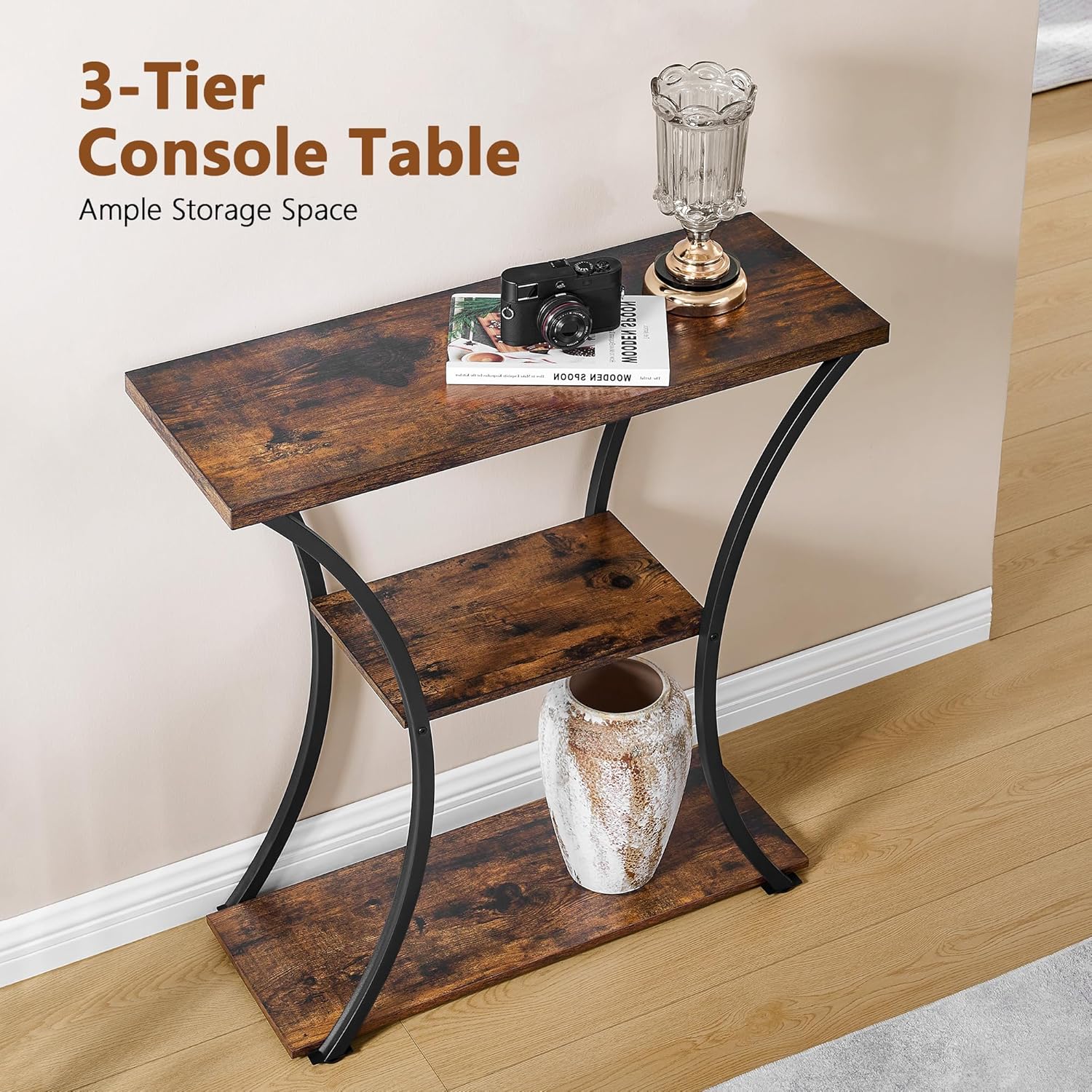 Hoctieon 3 Tier Console Table with Open Wood Shelves, Curved Metal Frames, Rustic Brown+Black E862