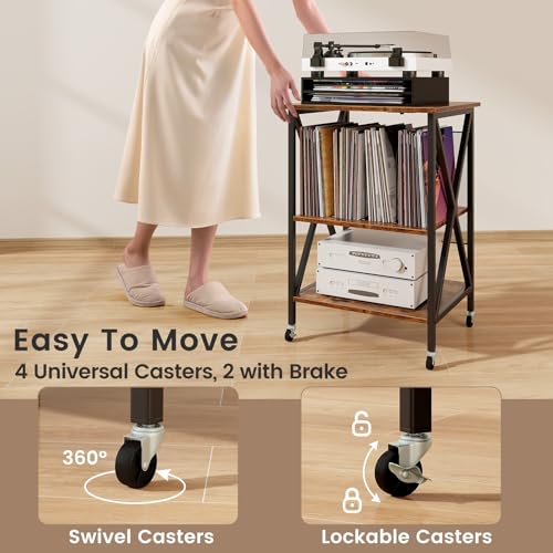 Giantex Record Player Stand with Charging Station, Vinyl Storage Table, Rustic Brown B590639
