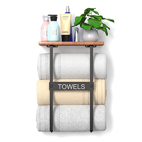 Towel Racks for Bathroom Wall Mounted, Metal Towel Holder with Wooden Shelf, Rolled Bath Towel and Hand Towel Storage Organizer for Small Bathroom