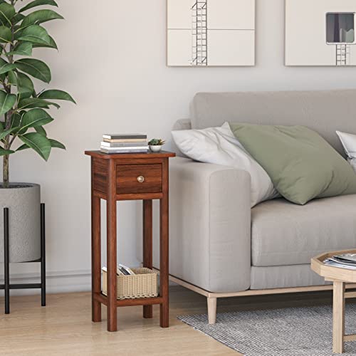GORELAX Narrow End Table, Tall Nightstand with Drawer & Shelf, Anti-Tipping Device, White X723