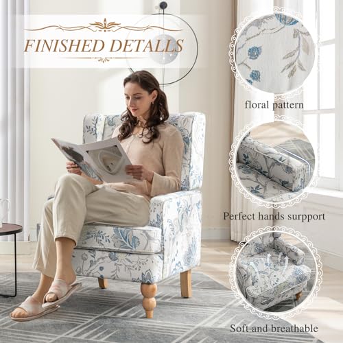 Simore Wingback Accent Chairs Set of 2, Floral Upholstered Armchair with Wood Legs, Blue W895616