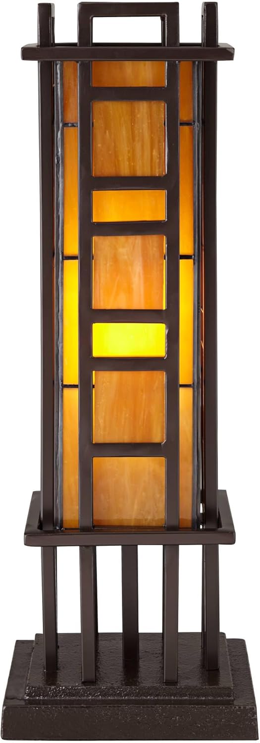 Robert Louis Tiffany Prairie Style Mission Rustic Pillar Accent Table Lamp Bronze Iron Hand-Cut Amber Stained Art Glass U394292