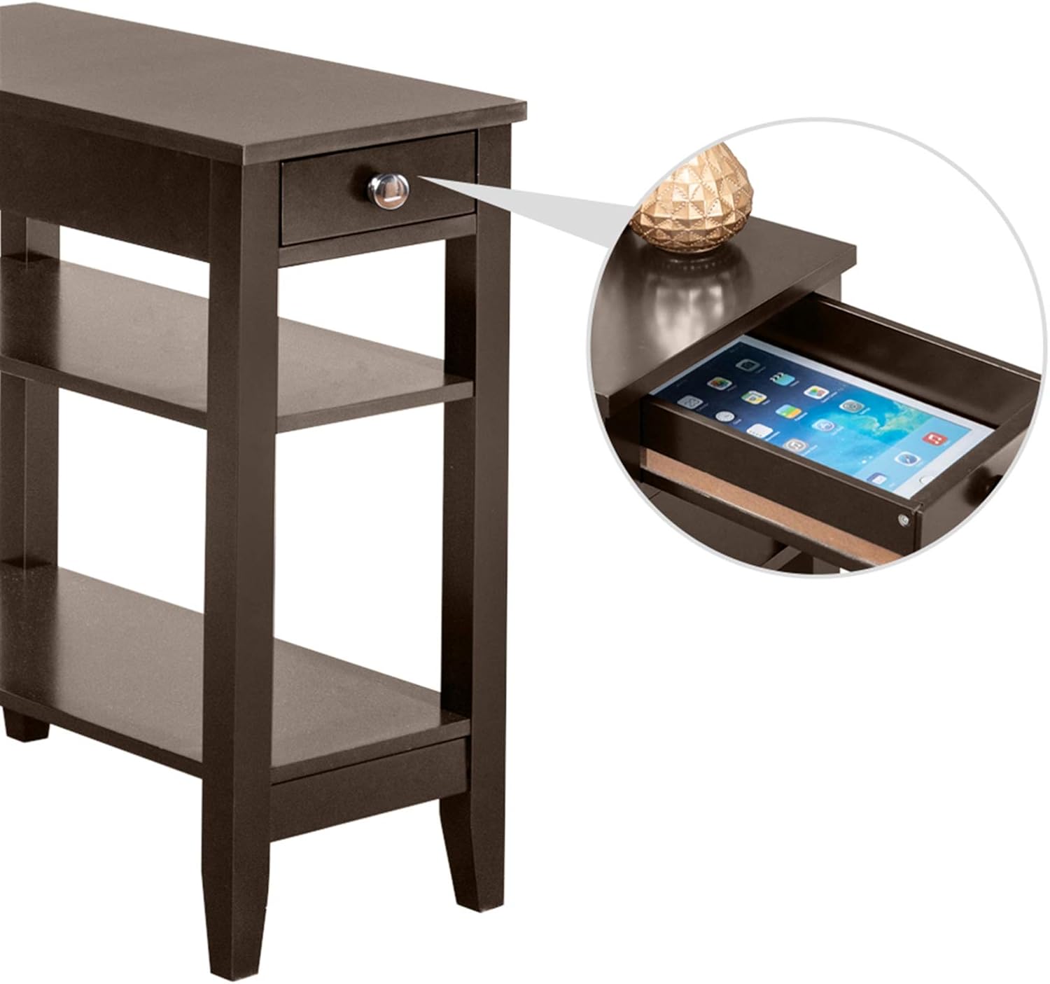 Brown End Table with Drawer and 2-Tier Storage Shelves T491