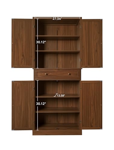 Kitchen Pantry Storage Cabinet with 4 Rattan Doors and Drawer, Walnut T55631
