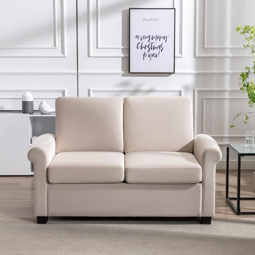 58.3" Pull Out Sofa Bed with Twin Mattress Pad, 2-in-1 Loveseat Sleeper, Beige White Y747