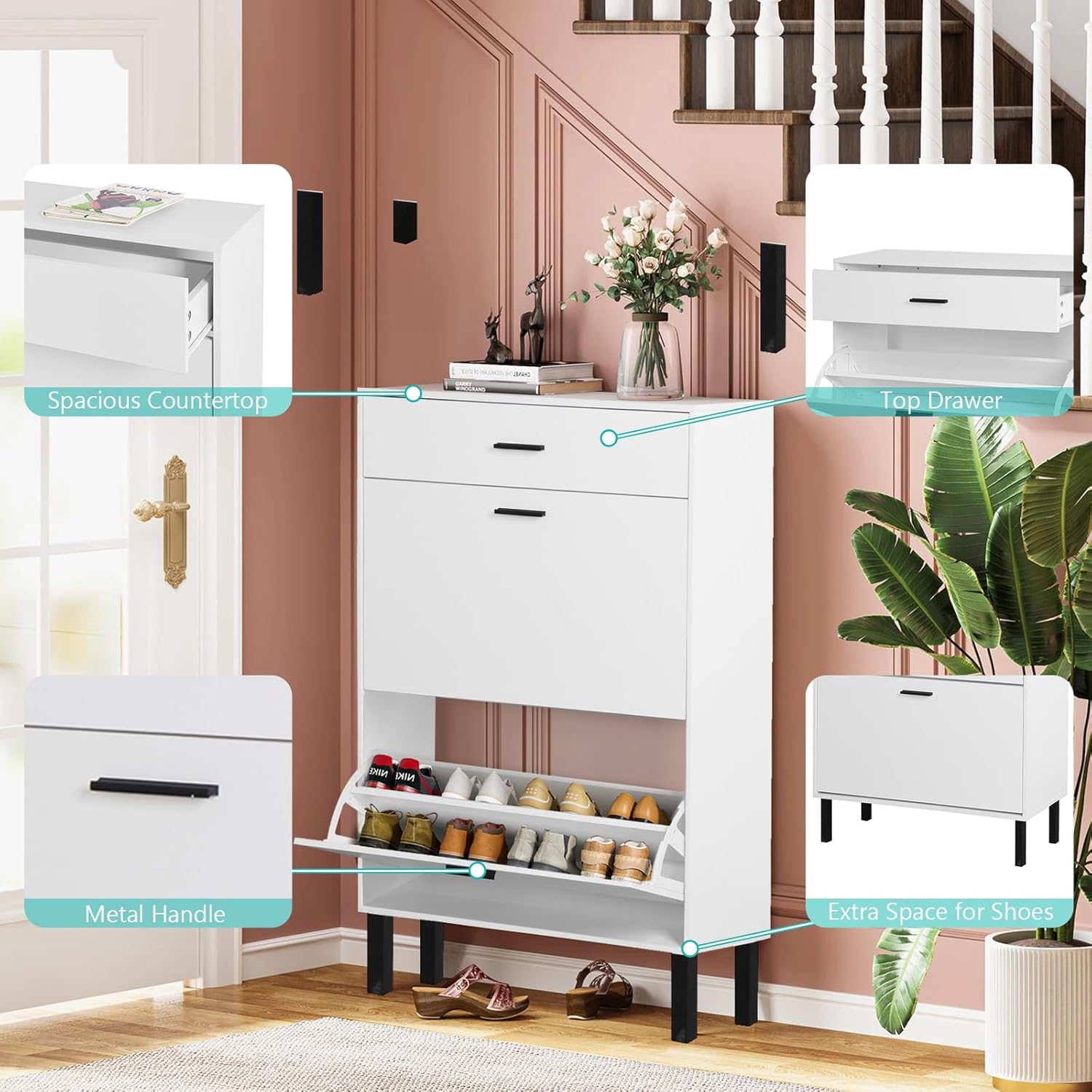 Slim Shoe Cabinet with 2 Flip Drawers White Wooden Storage for Entryway T152