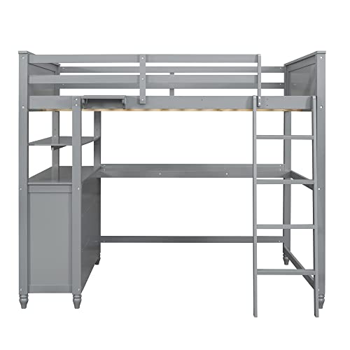Gray Twin Loft Bed with Storage Cabinet and Desk, Wooden Frame with Bookcase I9318