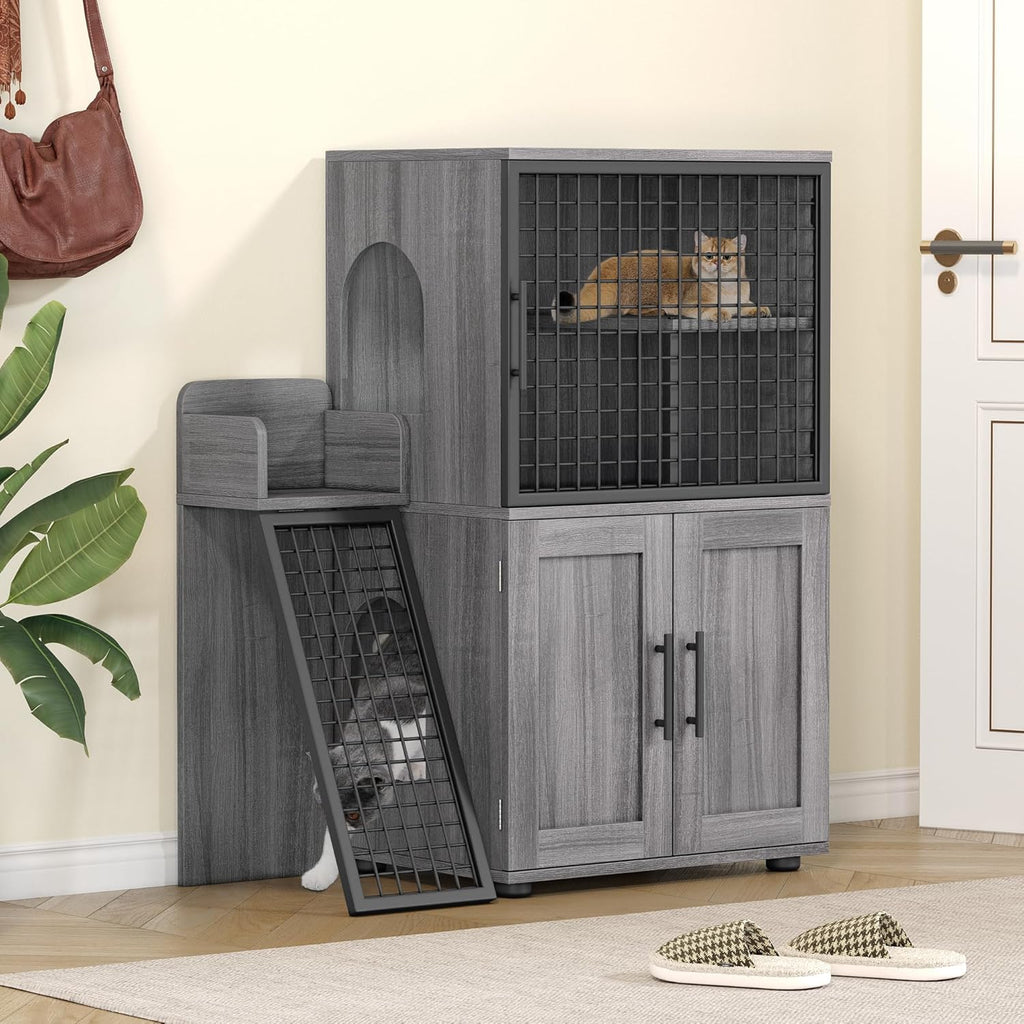Towallmark Modern Villa Cat Litter Box Enclosure with Platform, Large Cat Cabinet, Wax Wood E336