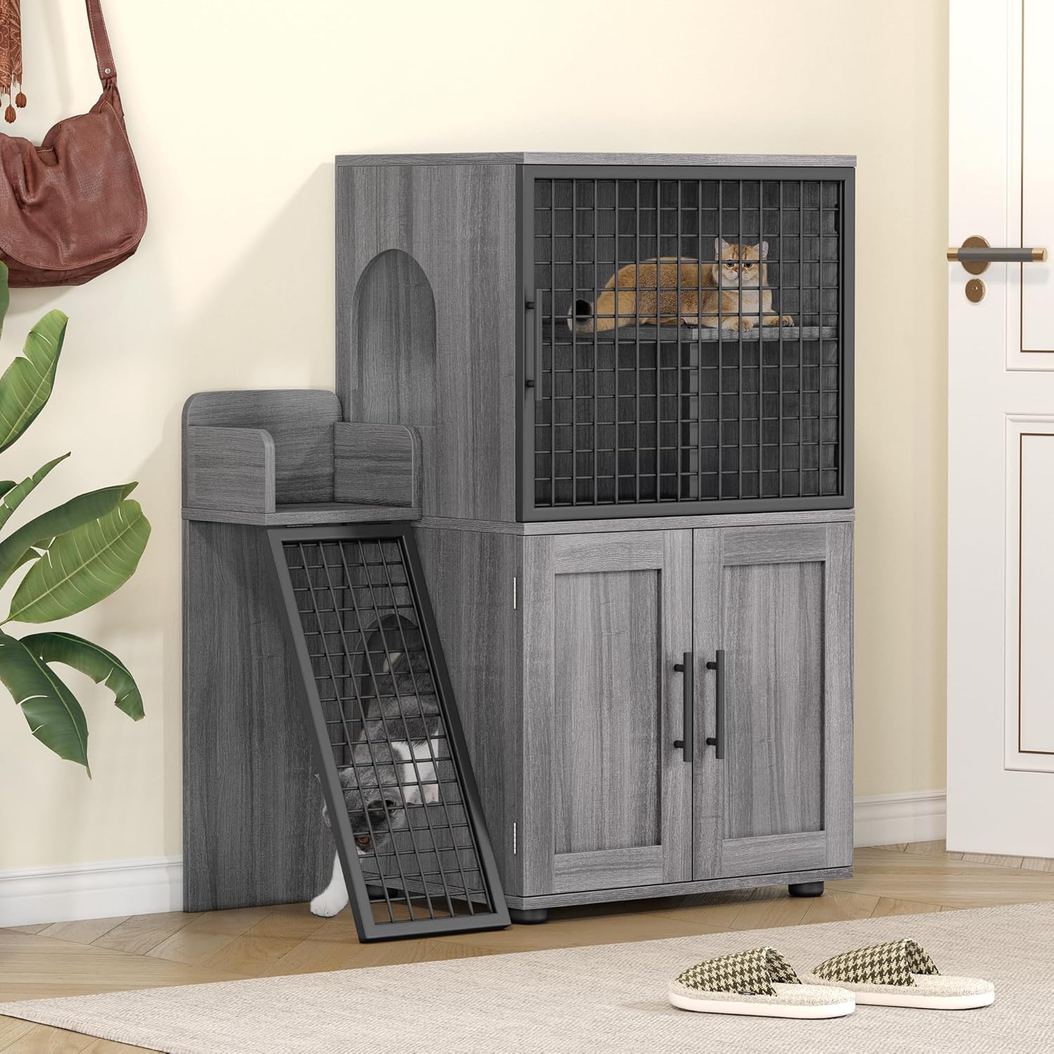 Towallmark Modern Villa Cat Litter Box Enclosure with Platform, Large Cat Cabinet, Wax Wood E336