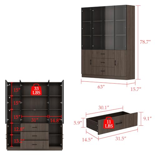 AIEGLE Lighted Kitchen Pantry Cabinet with Glass Doors, 3 Drawers, Dark Brown P185