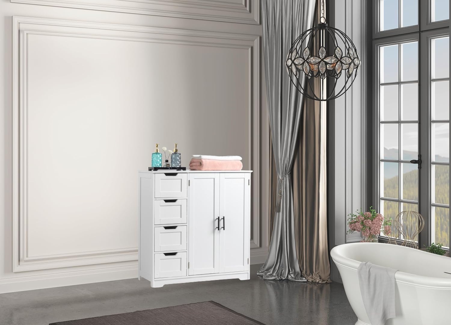 White Bathroom Storage Cabinet, Freestanding Floor Cabinet w/Doors & Drawers, Bathroom Storage Unit, Kitchen Cupboard Side Cabinet for Living Room Entryway 31.5" L x 11.81" W x 31.5" H