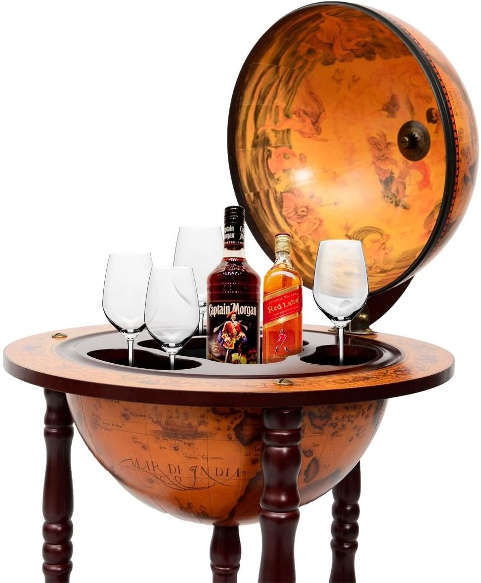 36 Inches Vintage Italian Wood Globe Bar Shelf with Wheels I36734