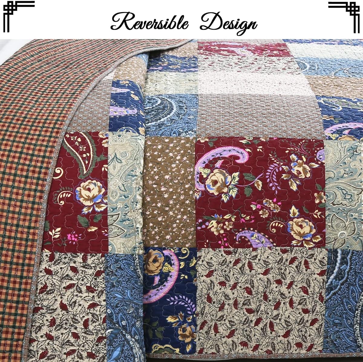 Cozy Line Home Fashions Floral Paisley 100% Cotton Patchwork Quilt Bedding Set, King D5059