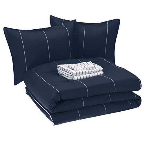 Amazon Basics 7-Piece Reversible Microfiber Bed-in-a-Bag, Full/Queen, Navy Stripe J98606