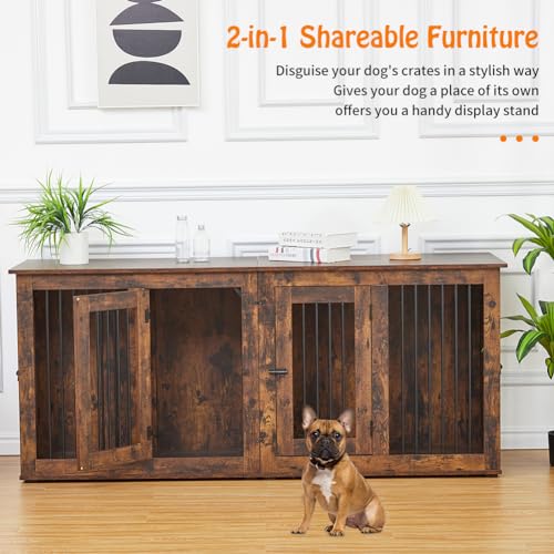 Wooden Double Dog Crate Furniture with Divider for 2 Rooms S291