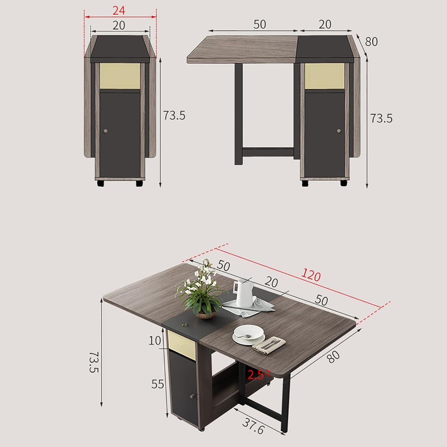 Folding Dining Table Set with 4 Chairs, 2 Wheels Z3133