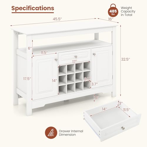 Giantex Bar Cabinet with Storage, 12-Bottle Wine Rack, 2 Doors & Drawer, White B390619