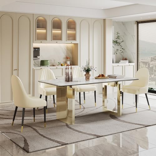 63 inch Glass Dining Table with Clear Rectangular Glass Top, U-Shape Golden Plating Metal Legs Modern Rectangular Glass Kitchen Table Furniture for Home Office Kitchen Dining Room (Gold)