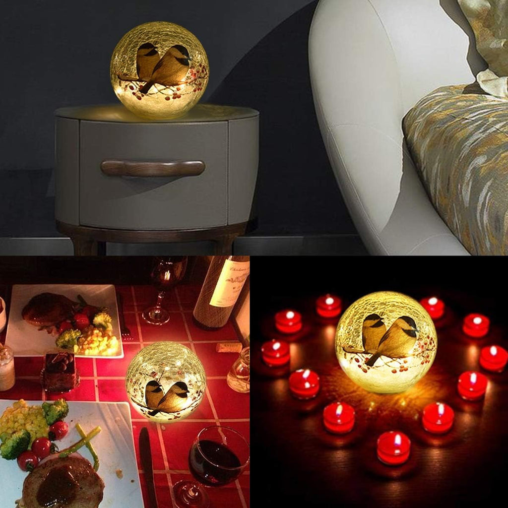 Glass Ball LED Night Lamp with Timer, 2 Birds on a Tree, Battery Powered R11635