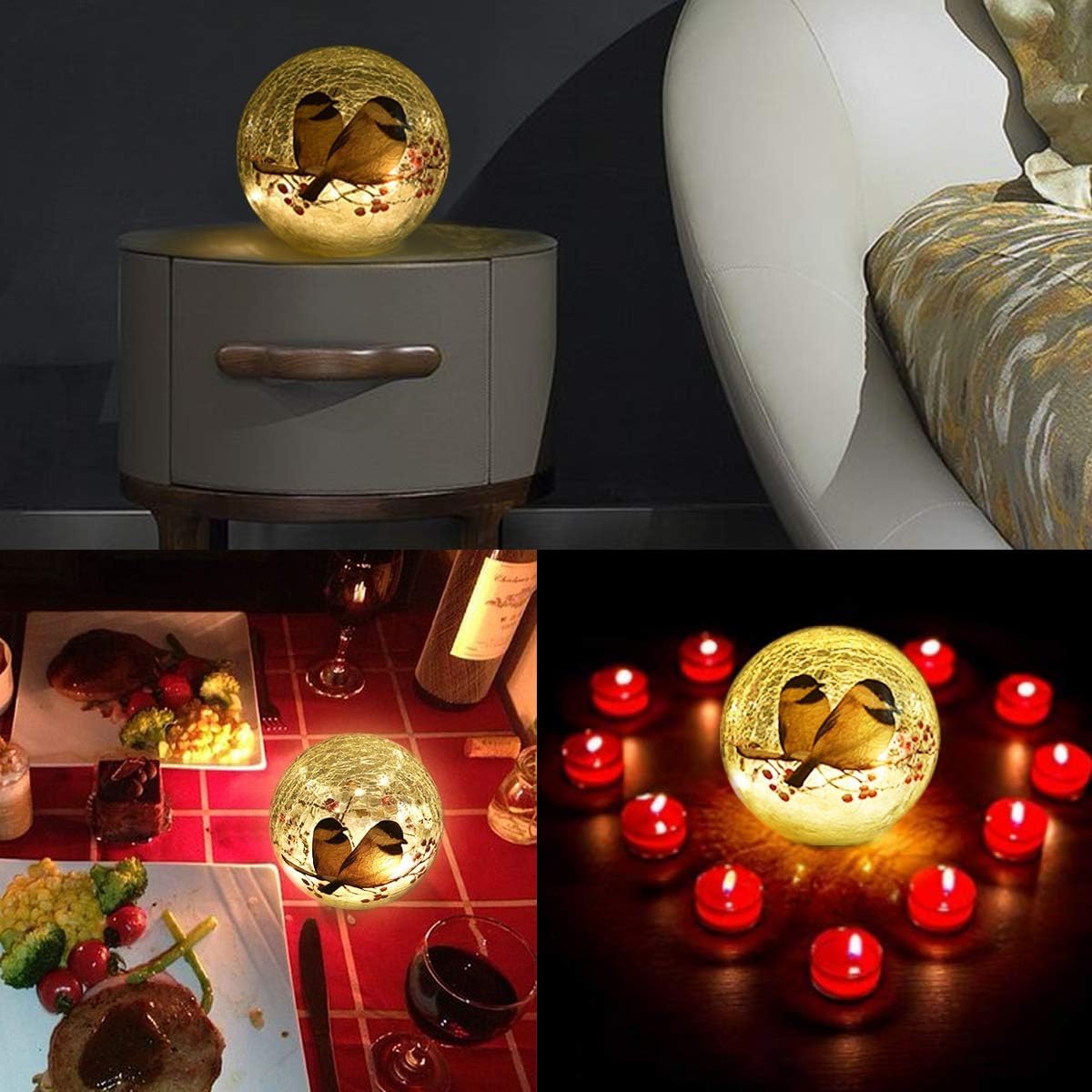 Glass Ball LED Night Lamp with Timer, 2 Birds on a Tree, Battery Powered R11635
