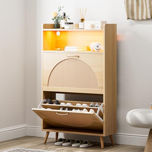 LED Rattan Shoe Storage Cabinet with 2 Flip Drawers, Narrow Wood for Entryway G427963