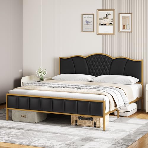King Bed Frame with Headboard, Faux Leather, Tufted, No Box Spring Needed A8278