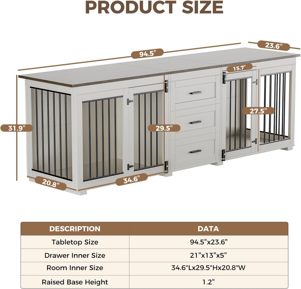 Large Dog Crate Furniture for 2 Dogs, Wooden Double Kennel with 3 Drawers, White Z887