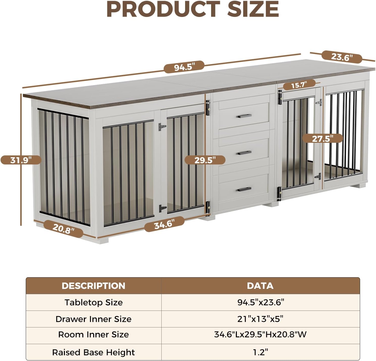 Large Dog Crate Furniture for 2 Dogs, Wooden Double Kennel with 3 Drawers, White Z887