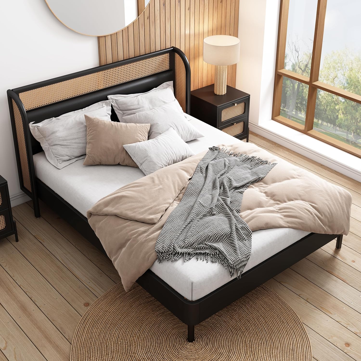 Rattan Platform Bed Queen Size with Wingback Headboard, Wooden Slats V12100