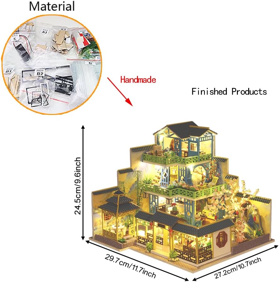 Miniature Chinese Style Three-Storey Villa Dollhouse Kit with Wooden Furniture X69681