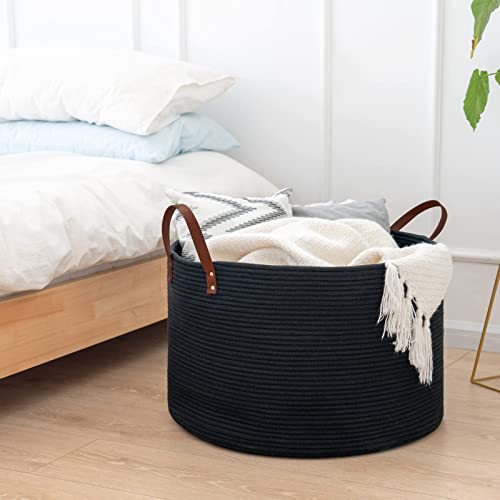 CHICVITA Woven Laundry Basket with Leather Handles, Large Storage Hamper, Dark Gray M130