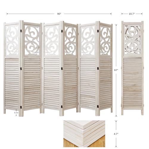 Folding Room Divider 6 Panels Wood Carved Privacy Screen White-Washed D48058