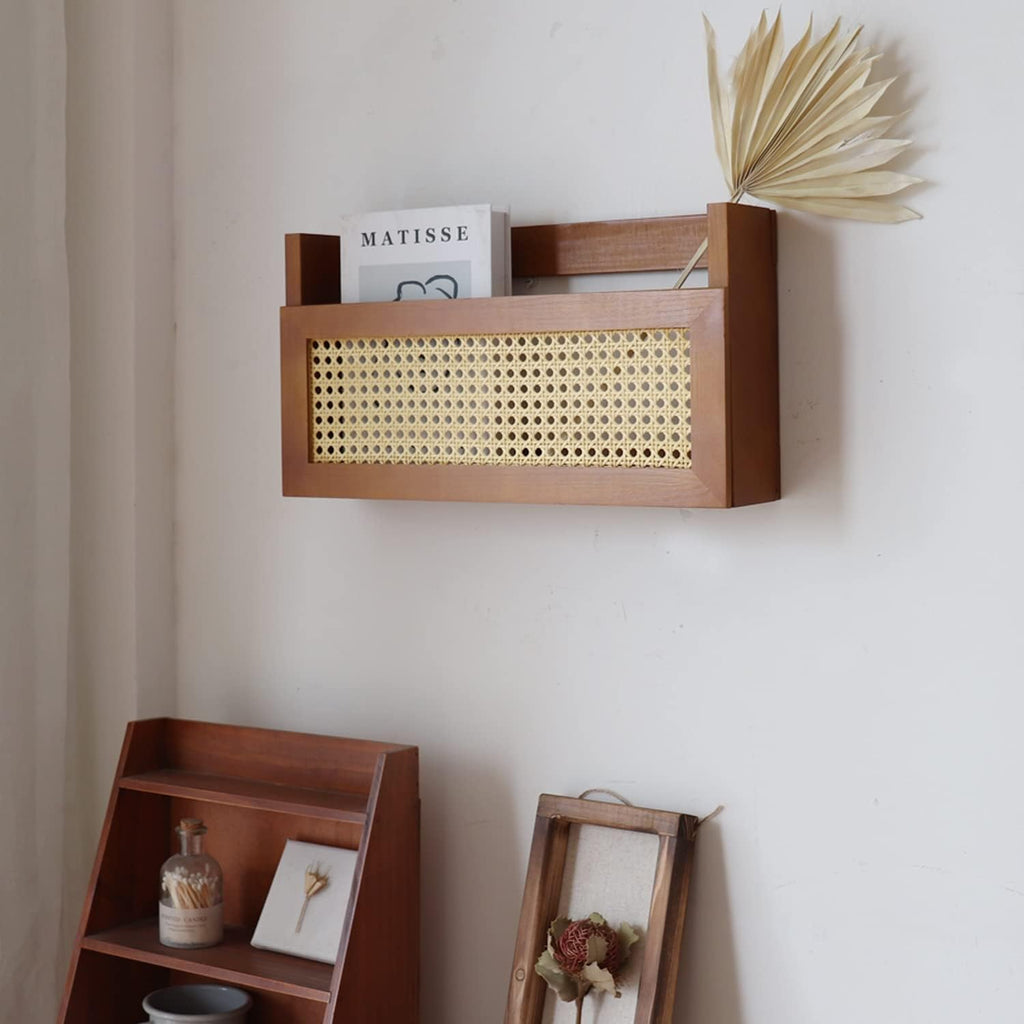 FIRADE Wall Wood Magazine Rack with PE Rattan Grid, Brown V4577