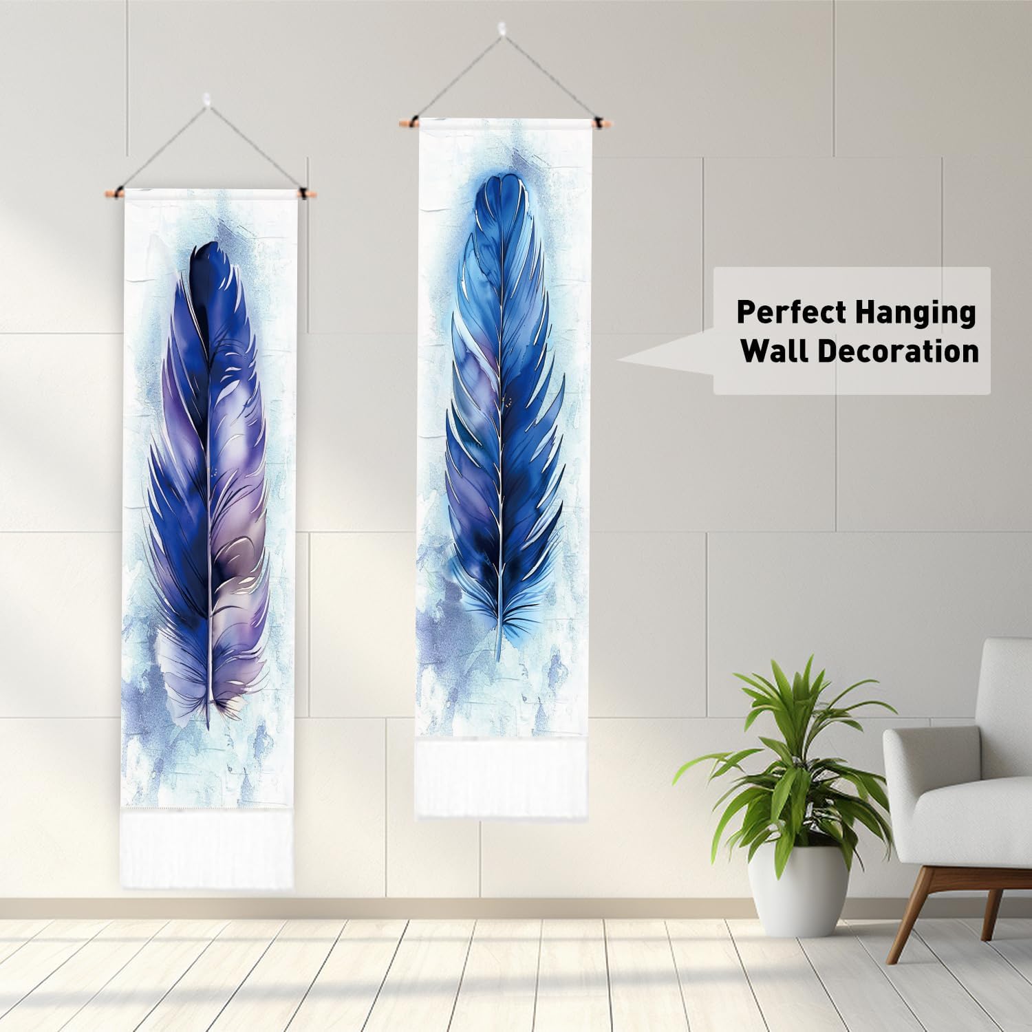 PLIGREAT 2 Pack Blue Feather Tapestry with Tassels Wall Hanging R33798