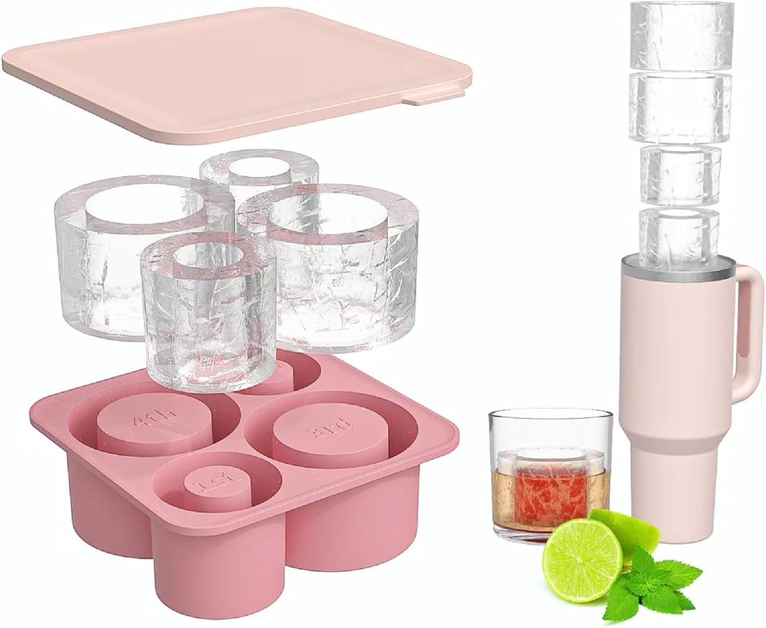 Ice Cube Tray for 40 oz Tumbler,4 Pcs Silicone Hollow Cylinder Ice Mold with Lid,Ice Cube Tray for Stanley Cup,For Travel Mug,Coffee,Whiskey,Cocktails,Keep Drinks Chilled, 15.2*15.2*5.25cm