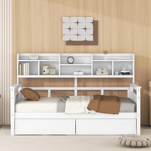 WADRI Twin Size Daybed with Bedside Shelf and 2 Storage Drawers, Wood Frame, Gray P301964