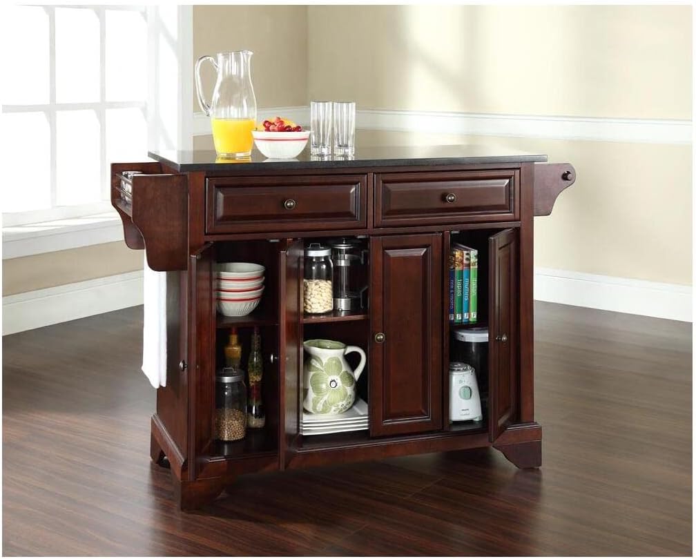 Rustic Retreat Granite Top Full Size Kitchen Island, Portable Design, White/Black J90545