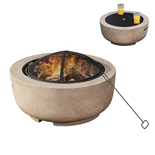 24" Small Round Outdoor FirePit,Concrete Wood Burning Fire Pits Bowl,Faux Stone Clay Firepits Table for Outside Patio,Brown
