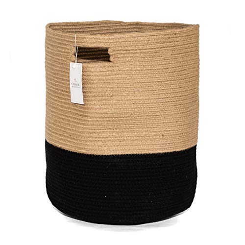 Large Living Room Blanket Basket | Tall Cotton Basket for Storage | 19 x 16 x 16 Inches | Laundry Hamper for Nursery & Bedroom | White & Tan