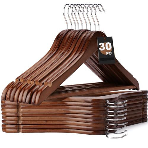 Korpai 30-Pack Wooden Hangers,Wooden Clothes Hangers with Smooth Shoulder Grooves,Suit Hangers with 360-Degree Rotatable Hook, Durable & Slim Wooden Hangers for Coats,Jackets,Dress,Pants ect,Natural