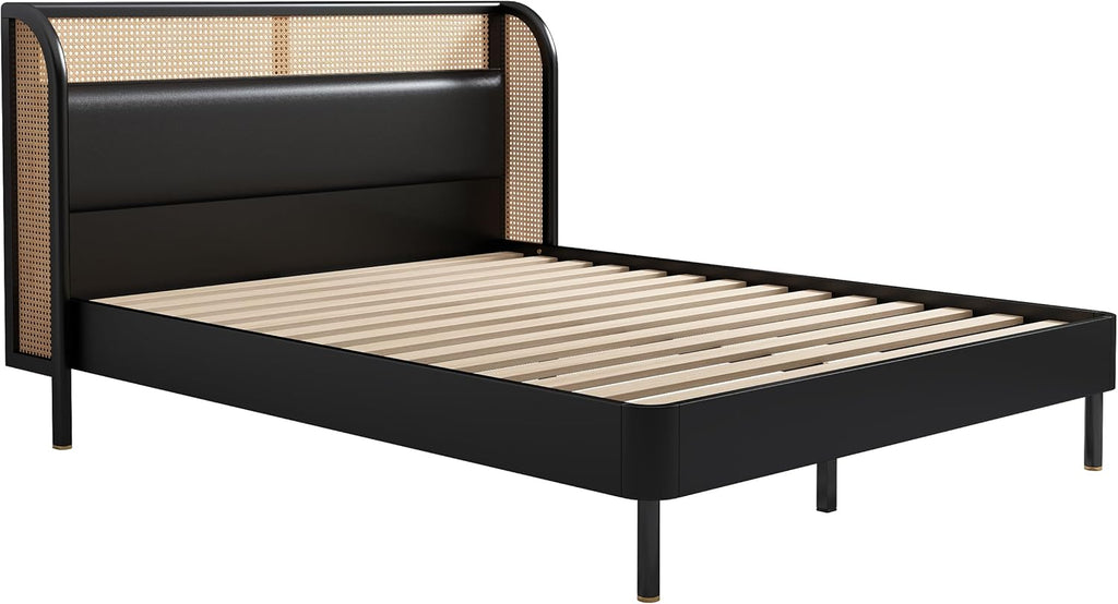 Rattan Platform Bed Queen Size with Wingback Headboard, Wooden Slats V12100