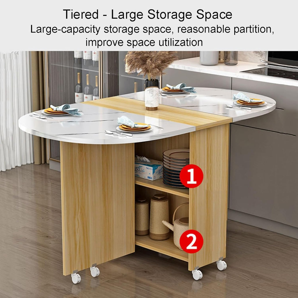 Extendable Drop Leaf Folding Dining Table with Wheels and Storage Shelf Y74446