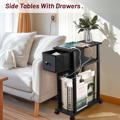 Side Table with Charging Station and Drawer, Narrow End Table with USB Ports, Black F62344