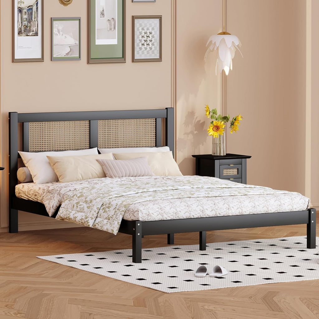 Queen Size Wooden Platform Bed with Rattan Headboard Black C842062