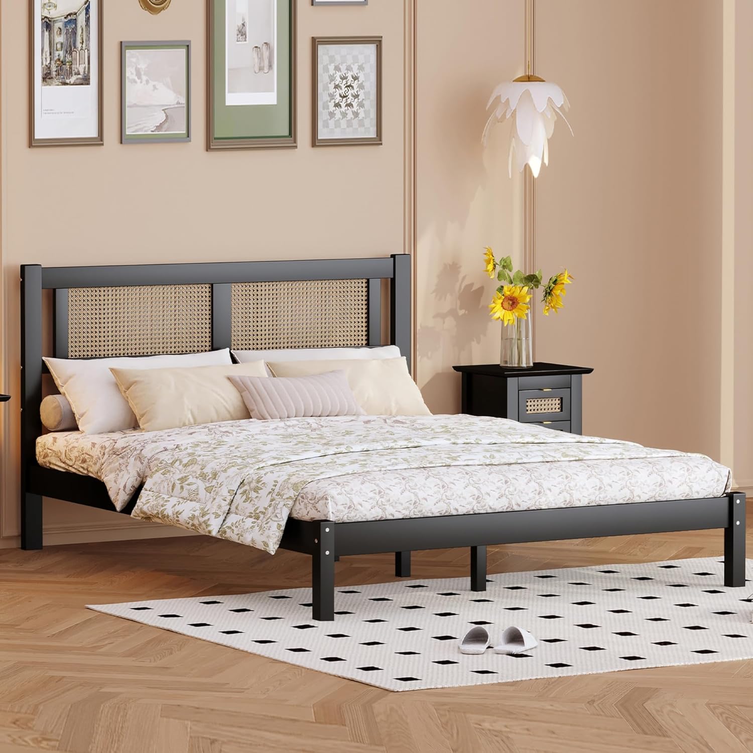 Queen Size Wooden Platform Bed with Rattan Headboard Black C842062