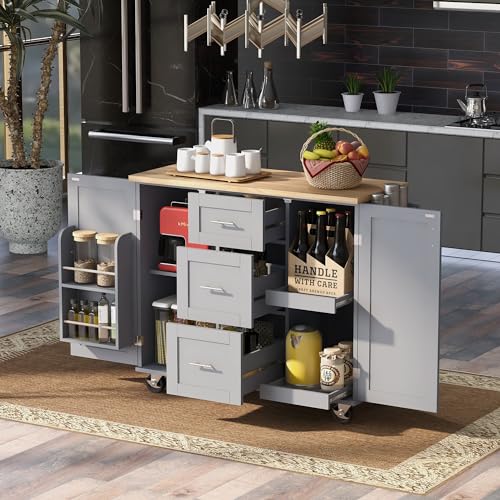 Kitchen Cart with Wood Drop-Leaf Countertop, Kitchen Island on Wheels with Adjustable Shelf Storage Cabinet and 2 Drawers, Concealed Sliding Barn Door, 52.2" for Dining Room,Home Bar,Black